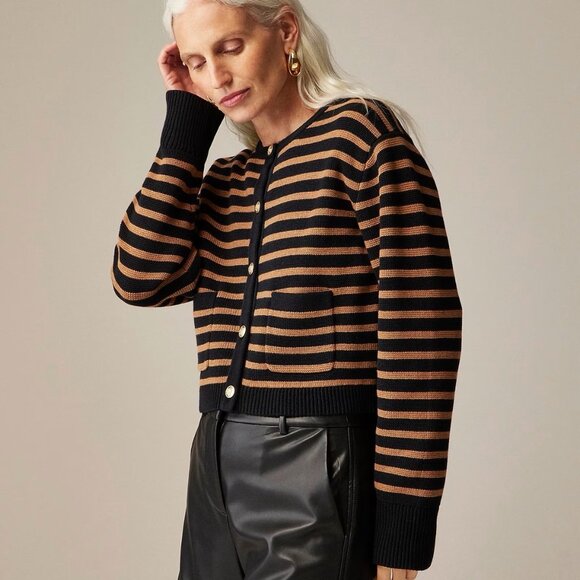 J Crew Relaxed Emilie Sweater Lady Jacket in Stripe Black Heather Camel - Picture 1 of 12